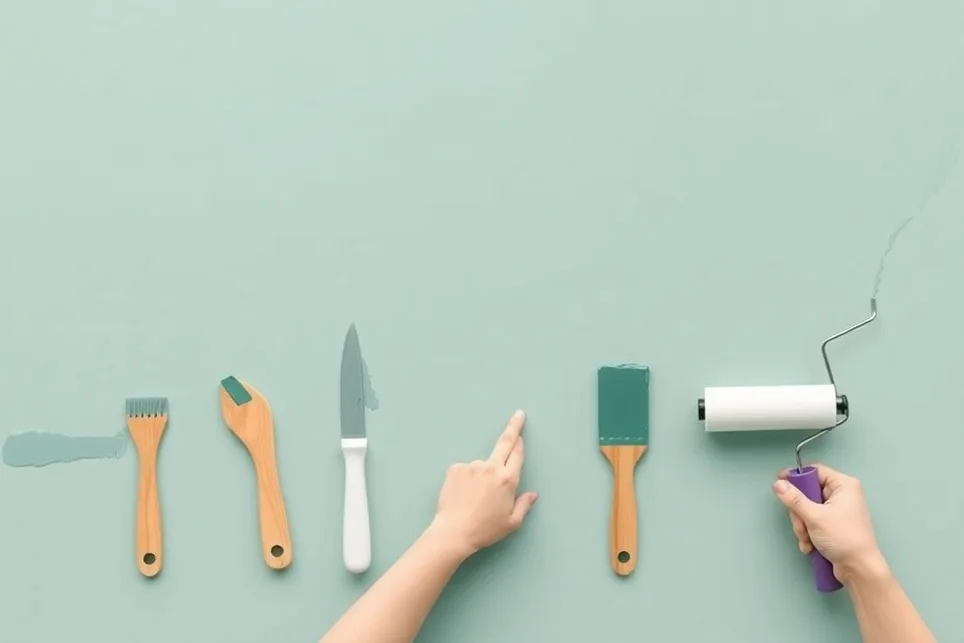 Outils de peinture disposés dans l'ordre des étapes du chantier