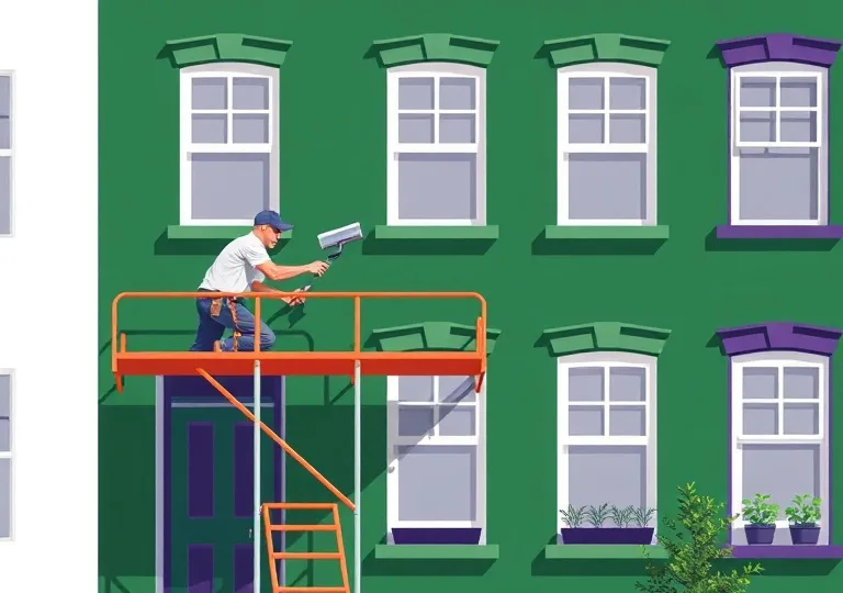 Peintre sur échafaudage traitant la façade d'une maison