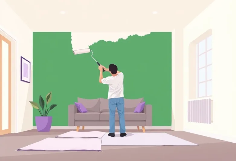 Peintre appliquant la peinture au rouleau sur un mur de salon